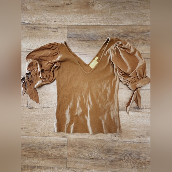 Anthropologie Maeve Puff Sleeves Bow Tie Ribbed Cotton V Neck Blouse S Tan Brown - Picture 2 of 9